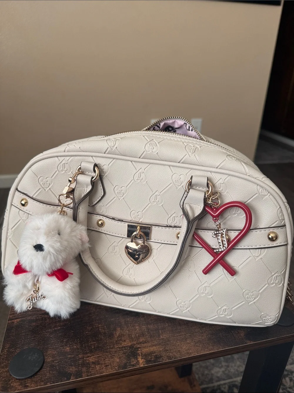 Juicy Couture Cream Dome Satchel with Heart Charm and Teddy Accent